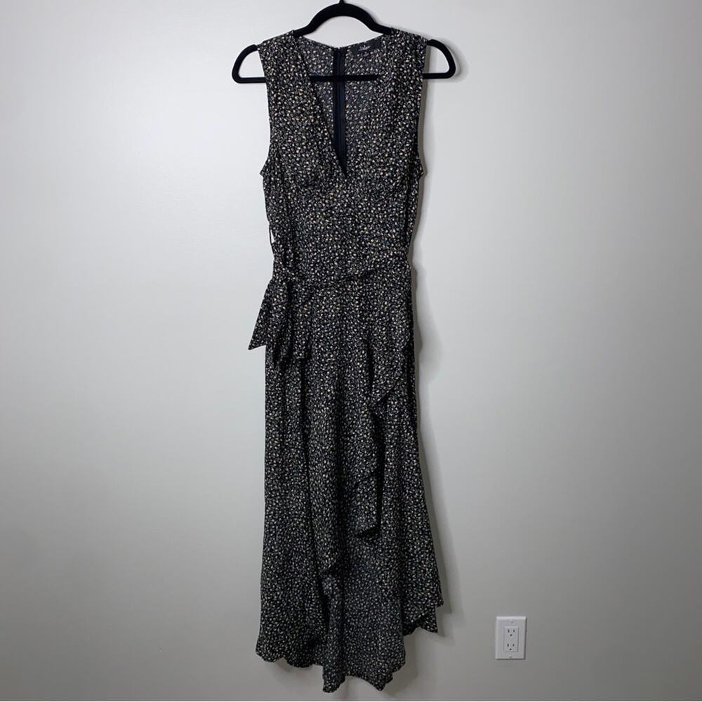 Lulus Fashion Find Black Ditsy Floral Print Ruffled Faux Wrap Midi Dress Medium - Picture 4 of 12